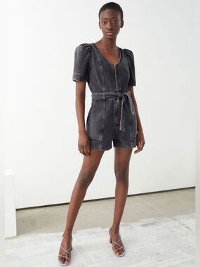 & Other Stories Puff Sleeve Denim Romper Acid Wash Charcoal Size 4 Zip Front
